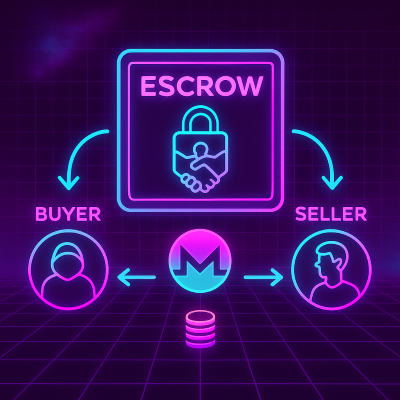 Escrow system visualization with vaporwave aesthetics showing secure transaction flow