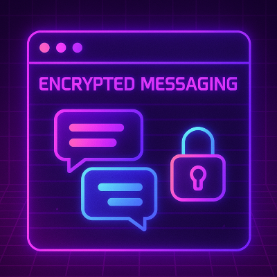 Encrypted messaging interface with vaporwave styling showing secure communication between users