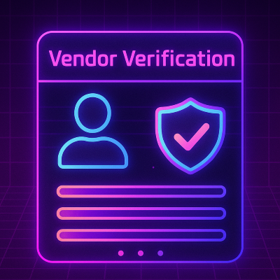 Vendor verification system with vaporwave aesthetics showing trust metrics and verification badges