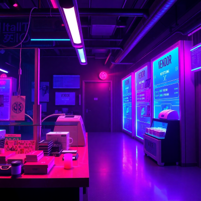 Vendor verification system with vaporwave aesthetics showing trust metrics