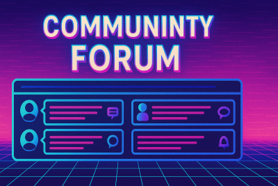 Community forum with vaporwave aesthetics showing user discussions