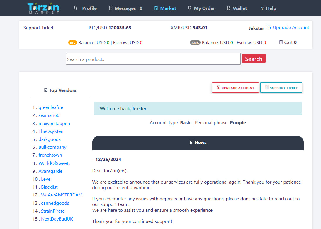 TorZon Market interface showing a vaporwave-styled marketplace with product listings, cryptocurrency payment options, and secure messaging features