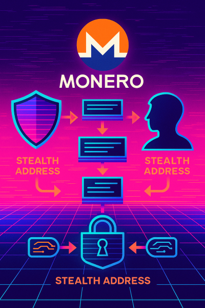 Monero cryptocurrency visualization with vaporwave aesthetics showing privacy features and transaction flow